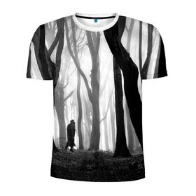 Мужская футболка 3D спортивная с принтом Утро в лесу в Санкт-Петербурге, 100% полиэстер с улучшенными характеристиками | приталенный силуэт, круглая горловина, широкие плечи, сужается к линии бедра | Тематика изображения на принте: black   white | fog | forest | man | morning | photo | silhouette | trees | деревья | лес | силуэт | туман | утро | фото | человек | черно   белое