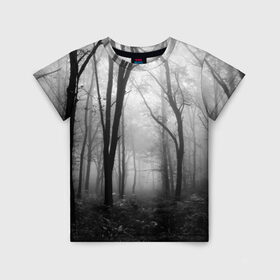 Детская футболка 3D с принтом Туман в лесу в Санкт-Петербурге, 100% гипоаллергенный полиэфир | прямой крой, круглый вырез горловины, длина до линии бедер, чуть спущенное плечо, ткань немного тянется | black   white | fog | forest | morning | photo | silhouette | trees | деревья | лес | силуэт | туман | утро | фото | черно   белое