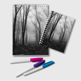 Блокнот с принтом Туман в лесу в Санкт-Петербурге, 100% бумага | 48 листов, плотность листов — 60 г/м2, плотность картонной обложки — 250 г/м2. Листы скреплены удобной пружинной спиралью. Цвет линий — светло-серый
 | Тематика изображения на принте: black   white | fog | forest | morning | photo | silhouette | trees | деревья | лес | силуэт | туман | утро | фото | черно   белое