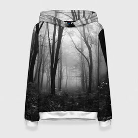 Женская толстовка 3D с принтом Туман в лесу в Санкт-Петербурге, 100% полиэстер  | двухслойный капюшон со шнурком для регулировки, мягкие манжеты на рукавах и по низу толстовки, спереди карман-кенгуру с мягким внутренним слоем. | black   white | fog | forest | morning | photo | silhouette | trees | деревья | лес | силуэт | туман | утро | фото | черно   белое