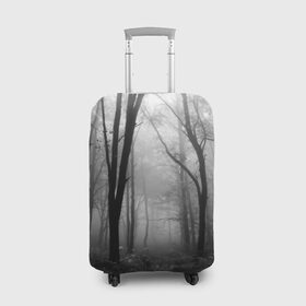 Чехол для чемодана 3D с принтом Туман в лесу в Санкт-Петербурге, 86% полиэфир, 14% спандекс | двустороннее нанесение принта, прорези для ручек и колес | black   white | fog | forest | morning | photo | silhouette | trees | деревья | лес | силуэт | туман | утро | фото | черно   белое