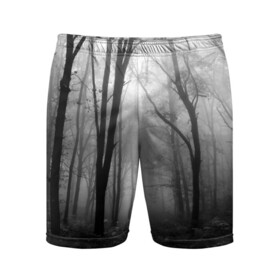 Мужские шорты 3D спортивные с принтом Туман в лесу в Санкт-Петербурге,  |  | black   white | fog | forest | morning | photo | silhouette | trees | деревья | лес | силуэт | туман | утро | фото | черно   белое