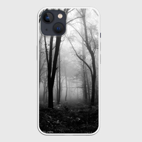 Чехол для iPhone 13 с принтом Туман в лесу в Санкт-Петербурге,  |  | black   white | fog | forest | morning | photo | silhouette | trees | деревья | лес | силуэт | туман | утро | фото | черно   белое