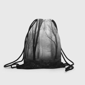 Рюкзак-мешок 3D с принтом Туман в лесу в Санкт-Петербурге, 100% полиэстер | плотность ткани — 200 г/м2, размер — 35 х 45 см; лямки — толстые шнурки, застежка на шнуровке, без карманов и подкладки | Тематика изображения на принте: black   white | fog | forest | morning | photo | silhouette | trees | деревья | лес | силуэт | туман | утро | фото | черно   белое