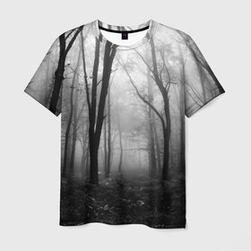 Мужская футболка 3D с принтом Туман в лесу в Санкт-Петербурге, 100% полиэфир | прямой крой, круглый вырез горловины, длина до линии бедер | Тематика изображения на принте: black   white | fog | forest | morning | photo | silhouette | trees | деревья | лес | силуэт | туман | утро | фото | черно   белое
