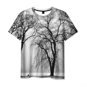 Мужская футболка 3D с принтом Деревья у реки в Санкт-Петербурге, 100% полиэфир | прямой крой, круглый вырез горловины, длина до линии бедер | beach | black   white | crown | photo | river | trees | берег | деревья | крона | река | фото | черно   белое