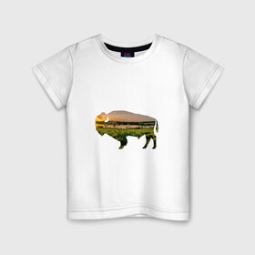 Детская футболка хлопок с принтом бизон закат в Санкт-Петербурге, 100% хлопок | круглый вырез горловины, полуприлегающий силуэт, длина до линии бедер | Тематика изображения на принте: бизон | закат | залив | зелень | лето | луг | поле | солнце