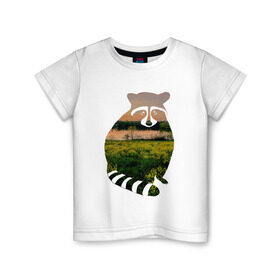 Детская футболка хлопок с принтом енот закат в Санкт-Петербурге, 100% хлопок | круглый вырез горловины, полуприлегающий силуэт, длина до линии бедер | енот | закат | залив | зелень | лето | луг | поле | солнце