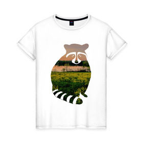 Женская футболка хлопок с принтом енот закат в Санкт-Петербурге, 100% хлопок | прямой крой, круглый вырез горловины, длина до линии бедер, слегка спущенное плечо | Тематика изображения на принте: енот | закат | залив | зелень | лето | луг | поле | солнце