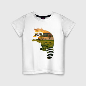 Детская футболка хлопок с принтом енот закат в Санкт-Петербурге, 100% хлопок | круглый вырез горловины, полуприлегающий силуэт, длина до линии бедер | Тематика изображения на принте: енот | закат | залив | зелень | лето | луг | поле | солнце