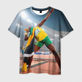 Мужская футболка 3D с принтом Болт в Санкт-Петербурге, 100% полиэфир | прямой крой, круглый вырез горловины, длина до линии бедер | bolt | атлетика | бег | олимпиада | усэйн