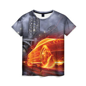 Женская футболка 3D с принтом Огненная погоня в Санкт-Петербурге, 100% полиэфир ( синтетическое хлопкоподобное полотно) | прямой крой, круглый вырез горловины, длина до линии бедер | авто | гонки | дым | машина | огонь | пламя