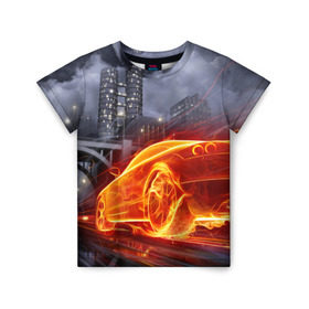 Детская футболка 3D с принтом Огненная погоня в Санкт-Петербурге, 100% гипоаллергенный полиэфир | прямой крой, круглый вырез горловины, длина до линии бедер, чуть спущенное плечо, ткань немного тянется | авто | гонки | дым | машина | огонь | пламя