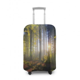 Чехол для чемодана 3D с принтом Утро в лесу в Санкт-Петербурге, 86% полиэфир, 14% спандекс | двустороннее нанесение принта, прорези для ручек и колес | bright | fog | forest | morning | sun | tree | trees | дерево | деревья | лес | солнце | туман | утро | яркое