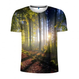 Мужская футболка 3D спортивная с принтом Утро в лесу в Санкт-Петербурге, 100% полиэстер с улучшенными характеристиками | приталенный силуэт, круглая горловина, широкие плечи, сужается к линии бедра | Тематика изображения на принте: bright | fog | forest | morning | sun | tree | trees | дерево | деревья | лес | солнце | туман | утро | яркое
