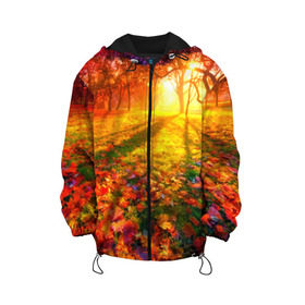 Детская куртка 3D с принтом Осень в Санкт-Петербурге, 100% полиэстер | застежка — молния, подол и капюшон оформлены резинкой с фиксаторами, по бокам — два кармана без застежек, один потайной карман на груди, плотность верхнего слоя — 90 г/м2; плотность флисового подклада — 260 г/м2 | autumn | bright | colors | forest | trees | деревья | краски | лес | лучи | осень | солнце | цвета | яркие