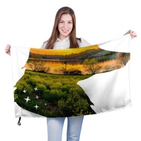 Флаг 3D с принтом лиса закат в Санкт-Петербурге, 100% полиэстер | плотность ткани — 95 г/м2, размер — 67 х 109 см. Принт наносится с одной стороны | закат | залив | звезды | зелень | лето | лис | лиса | луг | поле | солнце