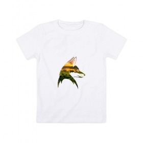 Детская футболка хлопок с принтом лиса закат в Санкт-Петербурге, 100% хлопок | круглый вырез горловины, полуприлегающий силуэт, длина до линии бедер | Тематика изображения на принте: закат | залив | зелень | лето | лис | лиса | луг | поле | солнце