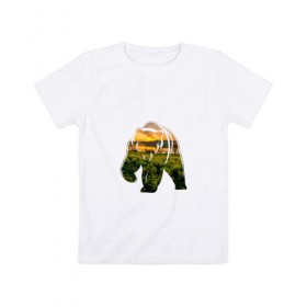 Детская футболка хлопок с принтом медведь закат в Санкт-Петербурге, 100% хлопок | круглый вырез горловины, полуприлегающий силуэт, длина до линии бедер | закат | залив | зелень | лето | луг | медведь | мишка | поле | солнце