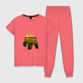 Женская пижама хлопок с принтом медведь закат в Санкт-Петербурге, 100% хлопок | брюки и футболка прямого кроя, без карманов, на брюках мягкая резинка на поясе и по низу штанин | закат | залив | зелень | лето | луг | медведь | мишка | поле | солнце