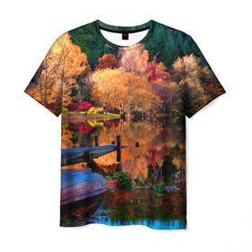 Мужская футболка 3D с принтом Осень в Санкт-Петербурге, 100% полиэфир | прямой крой, круглый вырез горловины, длина до линии бедер | autumn | boat | bright | colors | forest | paint | river | trees | деревья | краски | лес | лодка | осень | река | цвета | яркие