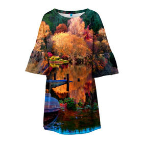 Детское платье 3D с принтом Осень в Санкт-Петербурге, 100% полиэстер | прямой силуэт, чуть расширенный к низу. Круглая горловина, на рукавах — воланы | autumn | boat | bright | colors | forest | paint | river | trees | деревья | краски | лес | лодка | осень | река | цвета | яркие