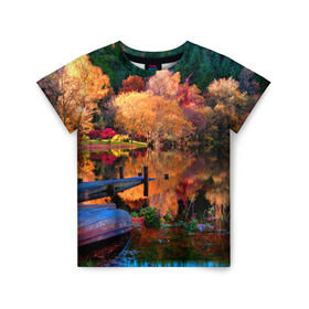 Детская футболка 3D с принтом Осень в Санкт-Петербурге, 100% гипоаллергенный полиэфир | прямой крой, круглый вырез горловины, длина до линии бедер, чуть спущенное плечо, ткань немного тянется | autumn | boat | bright | colors | forest | paint | river | trees | деревья | краски | лес | лодка | осень | река | цвета | яркие