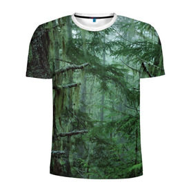 Мужская футболка 3D спортивная с принтом Дремучий лес в Санкт-Петербурге, 100% полиэстер с улучшенными характеристиками | приталенный силуэт, круглая горловина, широкие плечи, сужается к линии бедра | camouflage | dense | fog | forest | spruce | tree | дремучий | ёлка | ельник | камуфляж | лес | маскировка | туман