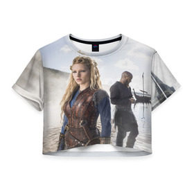 Женская футболка 3D укороченная с принтом Лагерта и Рагнар Лотброки в Санкт-Петербурге, 100% полиэстер | круглая горловина, длина футболки до линии талии, рукава с отворотами | vikings | викинги | лагерта | лотброк | рагнар