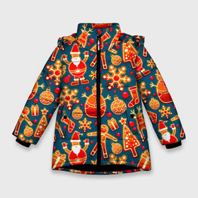 Зимняя куртка для девочек 3D с принтом Рождество в Санкт-Петербурге, ткань верха — 100% полиэстер; подклад — 100% полиэстер, утеплитель — 100% полиэстер. | длина ниже бедра, удлиненная спинка, воротник стойка и отстегивающийся капюшон. Есть боковые карманы с листочкой на кнопках, утяжки по низу изделия и внутренний карман на молнии. 

Предусмотрены светоотражающий принт на спинке, радужный светоотражающий элемент на пуллере молнии и на резинке для утяжки. | колокольчик | олень | паттерн | свеча | снежинка | фон | шарик