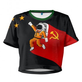 Женская футболка 3D укороченная с принтом Гагарин в Санкт-Петербурге, 100% полиэстер | круглая горловина, длина футболки до линии талии, рукава с отворотами | день | космонавтики | космос