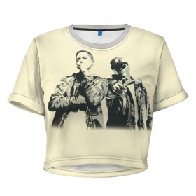 Женская футболка 3D укороченная с принтом Эминем и 50 центов в Санкт-Петербурге, 100% полиэстер | круглая горловина, длина футболки до линии талии, рукава с отворотами | 50 cent | 50 центов | eminem | rap | музыка | рэп | эминем
