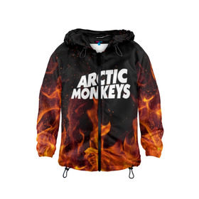 Детская ветровка 3D с принтом Arctic Monkeys fire в Санкт-Петербурге, 100% полиэстер | подол и капюшон оформлены резинкой с фиксаторами, по бокам два кармана без застежек, один потайной карман на груди | 