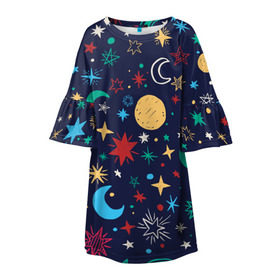 Детское платье 3D с принтом Звездное небо в Санкт-Петербурге, 100% полиэстер | прямой силуэт, чуть расширенный к низу. Круглая горловина, на рукавах — воланы | абстракция | арт | звезды | космос | луна | месяц | небо | планеты
