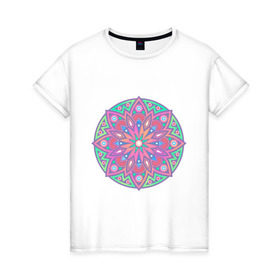 Женская футболка хлопок с принтом Мандала в Санкт-Петербурге, 100% хлопок | прямой крой, круглый вырез горловины, длина до линии бедер, слегка спущенное плечо | абстракция | арт | геометрия | лепестки | цвет | цветок