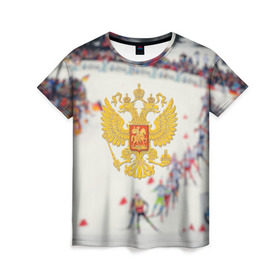 Женская футболка 3D с принтом Биатлон в Санкт-Петербурге, 100% полиэфир ( синтетическое хлопкоподобное полотно) | прямой крой, круглый вырез горловины, длина до линии бедер | Тематика изображения на принте: 