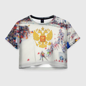 Женская футболка 3D укороченная с принтом Биатлон в Санкт-Петербурге, 100% полиэстер | круглая горловина, длина футболки до линии талии, рукава с отворотами | 