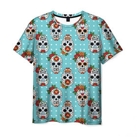 Мужская футболка 3D с принтом Узор Черепа Чикано в Санкт-Петербурге, 100% полиэфир | прямой крой, круглый вырез горловины, длина до линии бедер | кости | мексика | мозаика | узор | цветы | череп | чикано