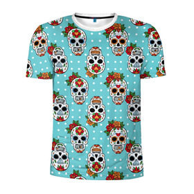 Мужская футболка 3D спортивная с принтом Узор Черепа Чикано в Санкт-Петербурге, 100% полиэстер с улучшенными характеристиками | приталенный силуэт, круглая горловина, широкие плечи, сужается к линии бедра | кости | мексика | мозаика | узор | цветы | череп | чикано