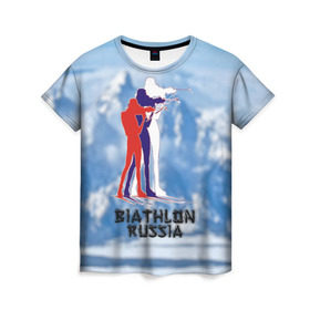 Женская футболка 3D с принтом Biathlon russia в Санкт-Петербурге, 100% полиэфир ( синтетическое хлопкоподобное полотно) | прямой крой, круглый вырез горловины, длина до линии бедер | биатлон