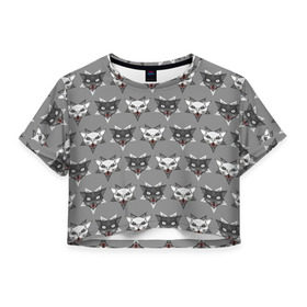 Женская футболка 3D укороченная с принтом Злые котики в Санкт-Петербурге, 100% полиэстер | круглая горловина, длина футболки до линии талии, рукава с отворотами | дьявол | звезда | кот | котик | кошка | милота | пентаграмма | серый | юмор
