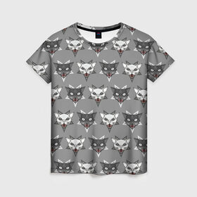 Женская футболка 3D с принтом Злые котики в Санкт-Петербурге, 100% полиэфир ( синтетическое хлопкоподобное полотно) | прямой крой, круглый вырез горловины, длина до линии бедер | дьявол | звезда | кот | котик | кошка | милота | пентаграмма | серый | юмор