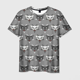Мужская футболка 3D с принтом Злые котики в Санкт-Петербурге, 100% полиэфир | прямой крой, круглый вырез горловины, длина до линии бедер | Тематика изображения на принте: дьявол | звезда | кот | котик | кошка | милота | пентаграмма | серый | юмор