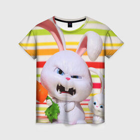 Женская футболка 3D с принтом Злой кролик в Санкт-Петербурге, 100% полиэфир ( синтетическое хлопкоподобное полотно) | прямой крой, круглый вырез горловины, длина до линии бедер | животные | злой | игрушка | кролик | мультфильм | тайная жизнь домашних животных