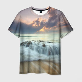 Мужская футболка 3D с принтом Берег 3 в Санкт-Петербурге, 100% полиэфир | прямой крой, круглый вырез горловины, длина до линии бедер | берег | вода | камни | море | небо | природа | скалы