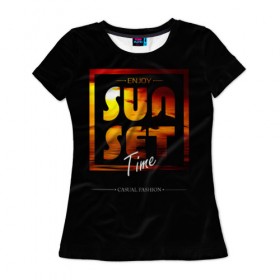 Женская футболка 3D с принтом Sunset Time в Санкт-Петербурге, 100% полиэфир ( синтетическое хлопкоподобное полотно) | прямой крой, круглый вырез горловины, длина до линии бедер | Тематика изображения на принте: fashion | sunset | trend