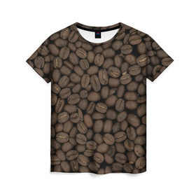 Женская футболка 3D с принтом Кофейные зёрна в Санкт-Петербурге, 100% полиэфир ( синтетическое хлопкоподобное полотно) | прямой крой, круглый вырез горловины, длина до линии бедер | coffee | coffee grains | grains | кофе | кофейные зёрна