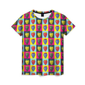 Женская футболка 3D с принтом POP ART в Санкт-Петербурге, 100% полиэфир ( синтетическое хлопкоподобное полотно) | прямой крой, круглый вырез горловины, длина до линии бедер | popart | клубника | поп арт | ягоды