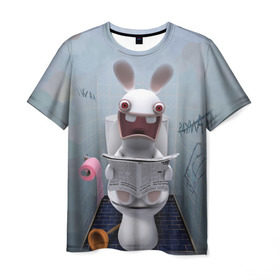 Мужская футболка 3D с принтом Кролик с газетой в Санкт-Петербурге, 100% полиэфир | прямой крой, круглый вырез горловины, длина до линии бедер | rabbids | вантуз | горшок | зайцы засранцы | заяц | туалет