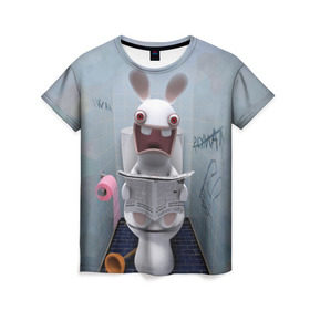 Женская футболка 3D с принтом Кролик с газетой в Санкт-Петербурге, 100% полиэфир ( синтетическое хлопкоподобное полотно) | прямой крой, круглый вырез горловины, длина до линии бедер | rabbids | вантуз | горшок | зайцы засранцы | заяц | туалет